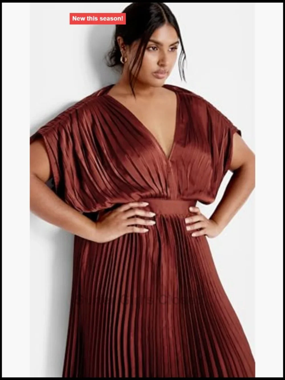 Plus Size Cocktail Dress Midi Satin Pleated V-Neck Sleeveless
